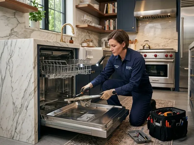 Appliance Repair Hero technician servicing a built-in dishwasher in a Brookhaven, PA kitchen