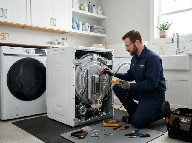 Appliance Repair Hero technician checking a dryer heating element with the rear panel off in Brookhaven, PA