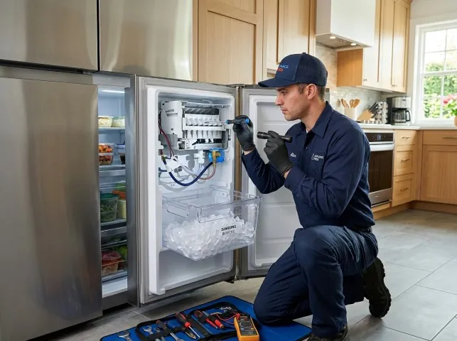 Appliance Repair Hero technician repairing a refrigerator ice maker in Brookhaven, PA