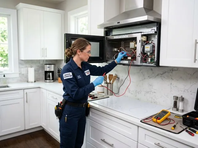 Appliance Repair Hero technician testing an over-the-range microwave in a Brookhaven, PA kitchen