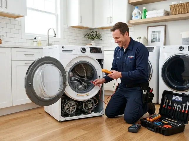 Appliance Repair Hero technician testing a front-load washer with a multimeter on a Brookhaven, PA service call
